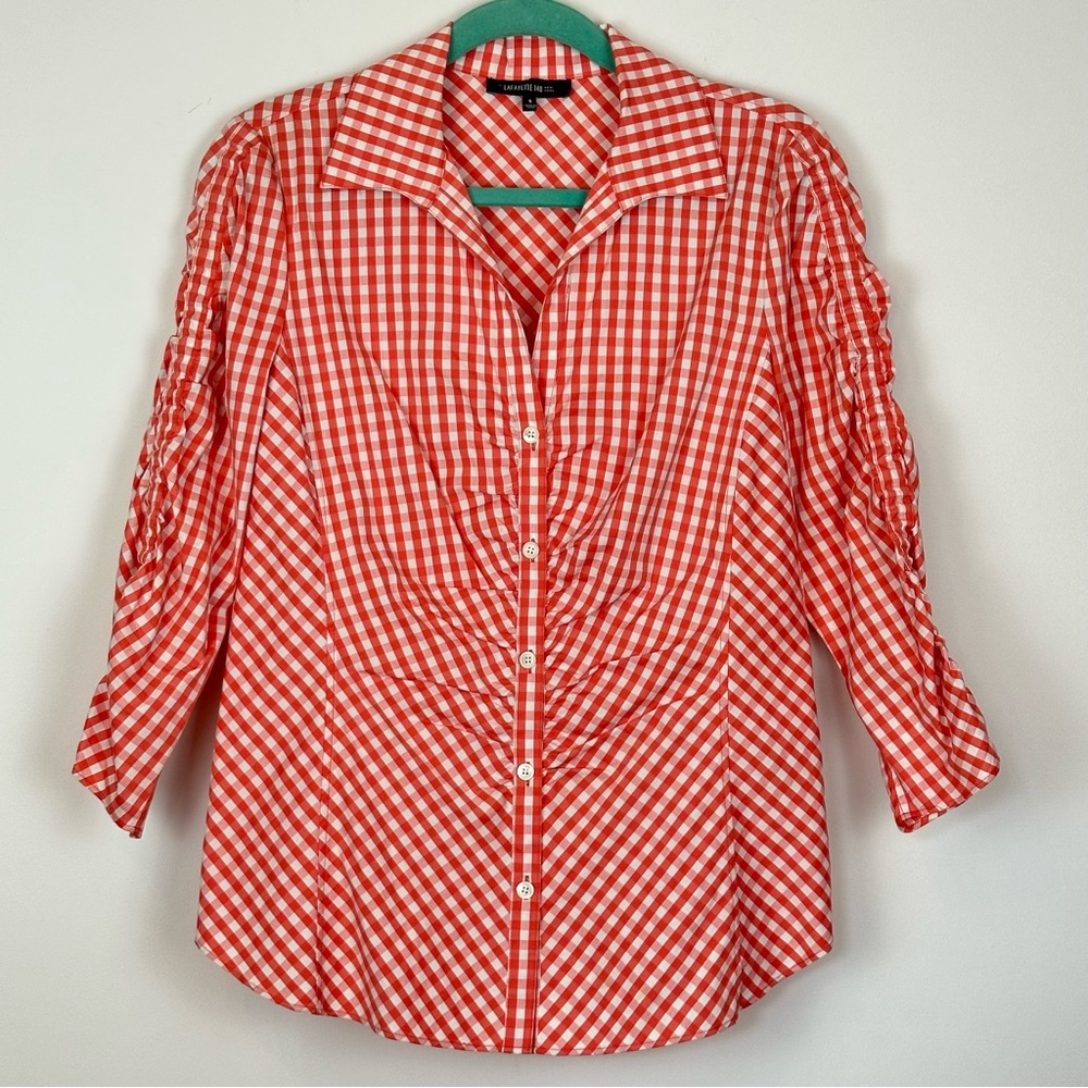 Lafayette 148 Gingham Ruched Salmon White Fitted Stretch Cotton Blouse 6